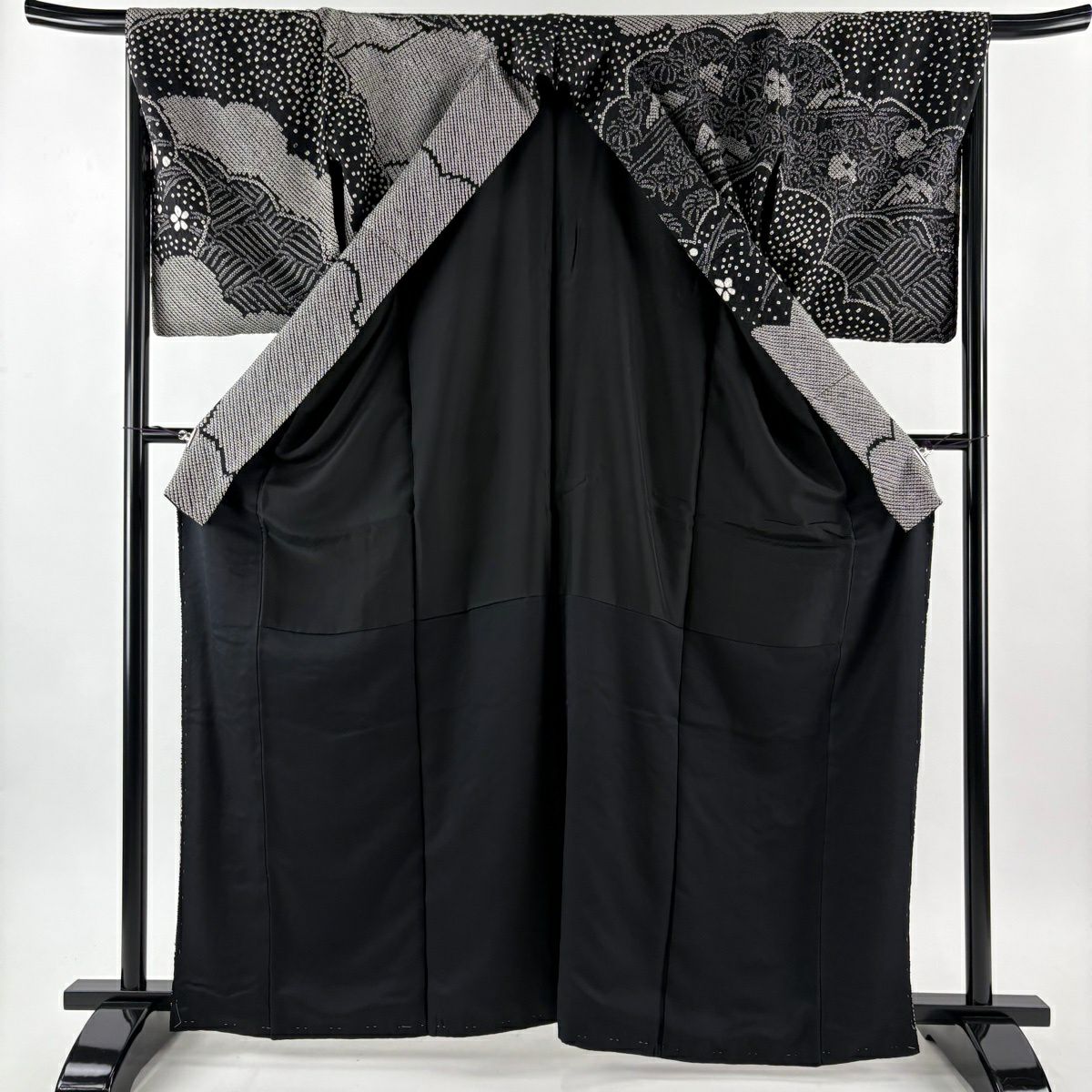訪問服 身長164cm 袖長67.5cm L 雙層 草花紋紋 芝 黑 純蠶絲 名品級