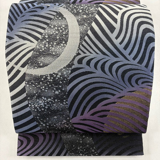 【美品】 袋帶 名品級 じゅらく 落款あり 波 三日月 金銀糸 黑 六通 純蠶絲
