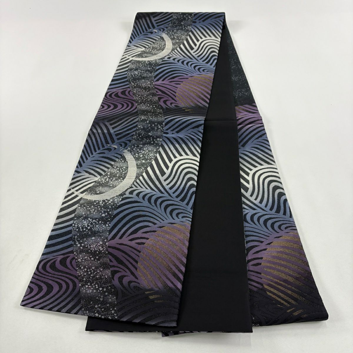 【美品】 袋帶 名品級 じゅらく 落款あり 波 三日月 金銀糸 黑 六通 純蠶絲
