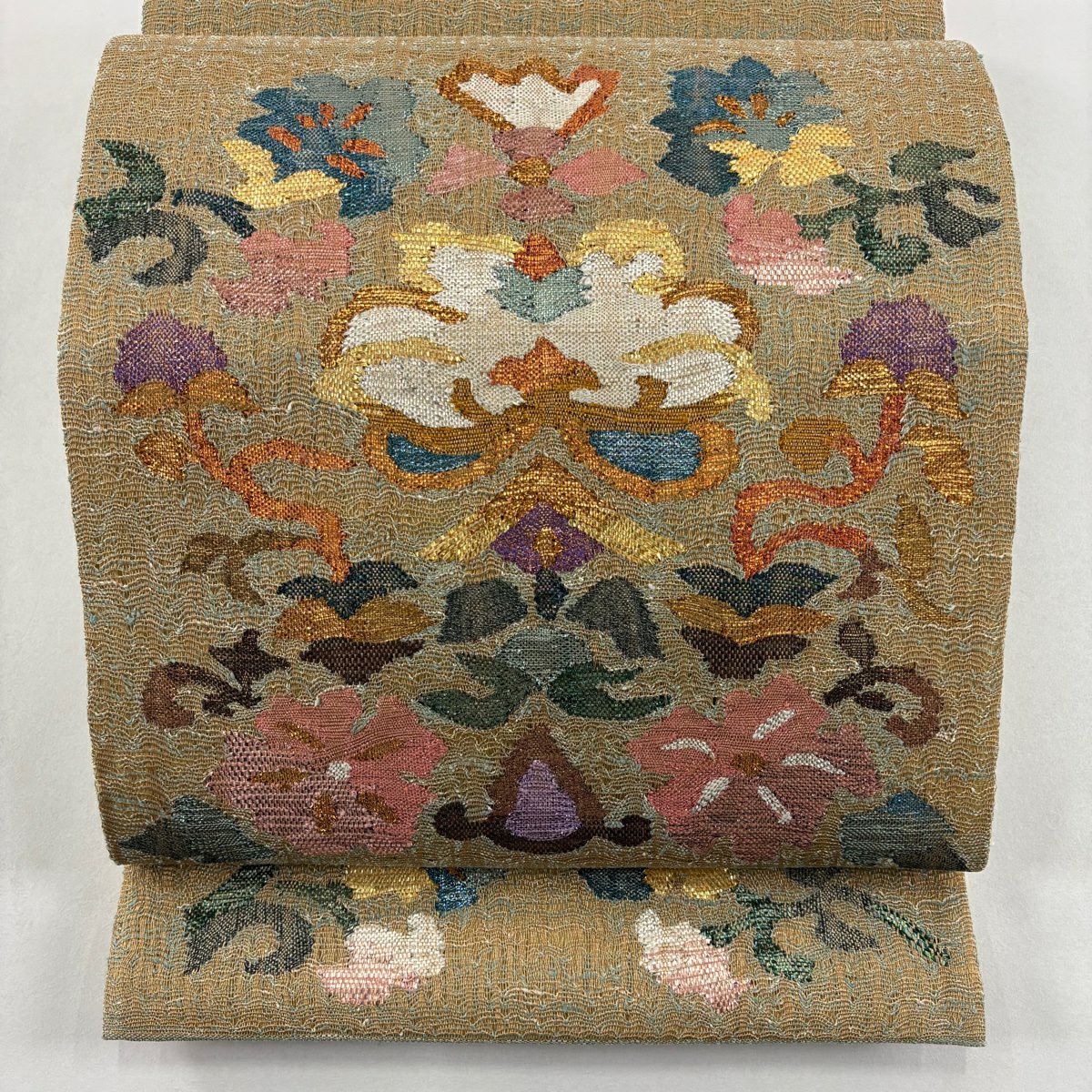 【美品】 袋帶 名品級 關西仕立 草花紋紋 金金箔 金絲 黃土色 大鼓圖案 純蠶絲