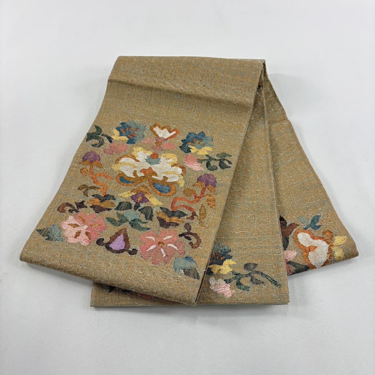 【美品】 袋帶 名品級 關西仕立 草花紋紋 金金箔 金絲 黃土色 大鼓圖案 純蠶絲