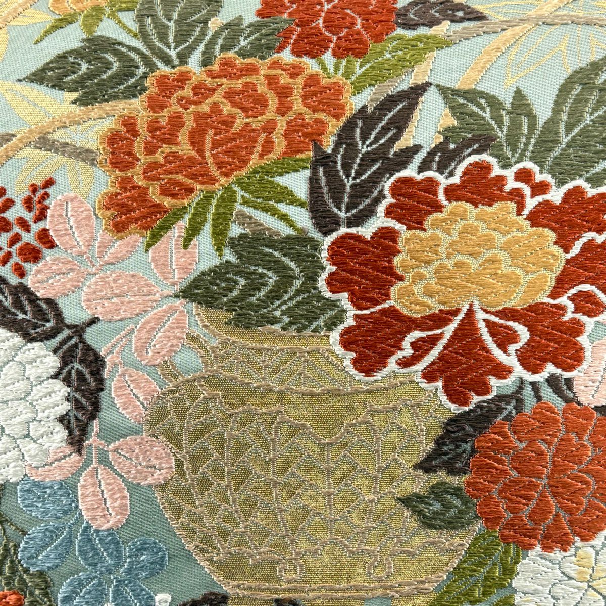 袋帶 名品級 河合美術織物 落款あり 關西裁縫 牡丹 花器 金金箔 唐織 淺綠 六通 純蠶絲