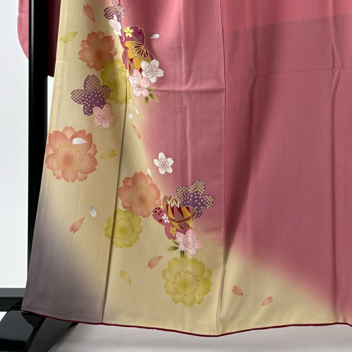 振袖禮服 身長160cm 袖長69cm L 雙層 鈴乃屋 手鞠 櫻花 金金箔 金銀彩 粉紅 純蠶絲 名品級