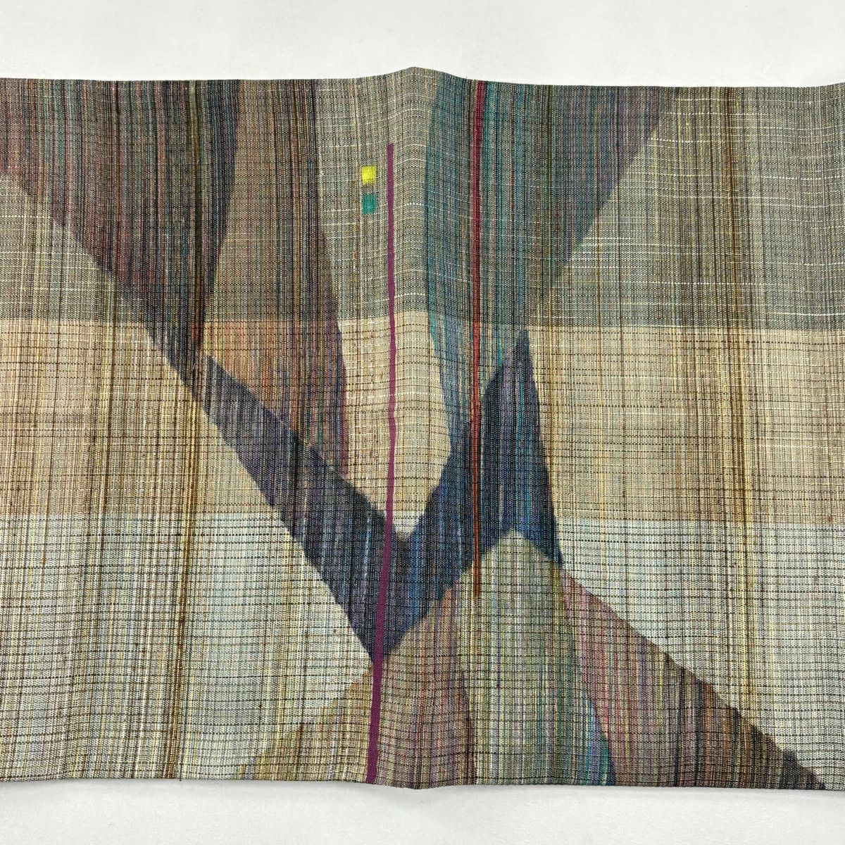 【美品】 袋帶 名品級 幾何學圖案 條紋 金通 灰綠色 大鼓圖案 純蠶絲