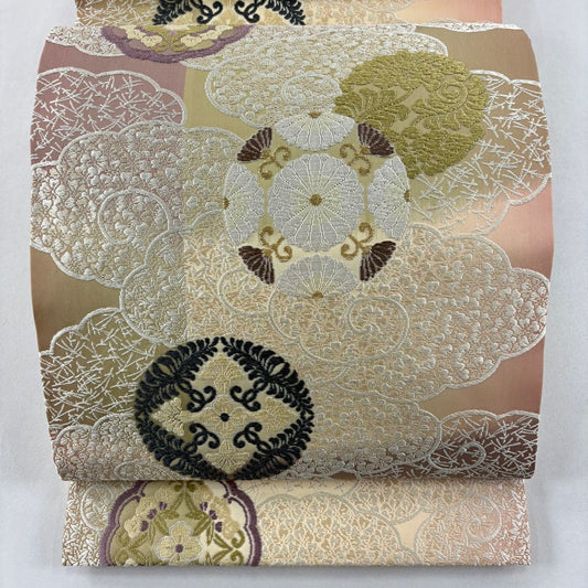 袋帶 名品級 芳彩美術織物 萬葉集 總通唐織 浮線綾文 雲文 金絲 唐織 米色 全通 純蠶絲
