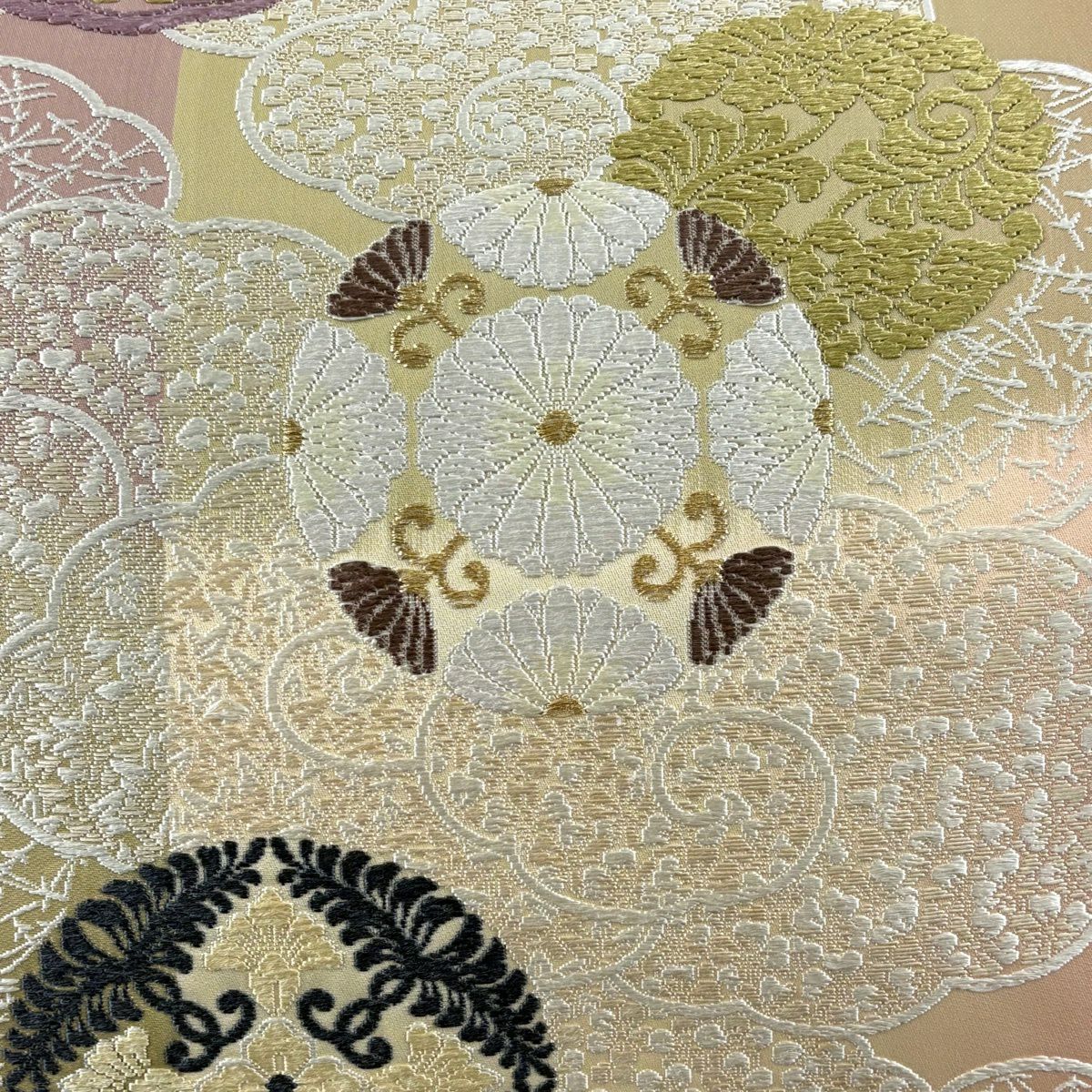袋帶 名品級 芳彩美術織物 萬葉集 總通唐織 浮線綾文 雲文 金絲 唐織 米色 全通 純蠶絲