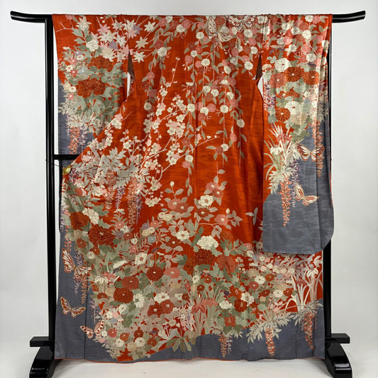 振袖禮服 身長168.5cm 袖長67.5cm L 單層 草花紋紋 蝶 金絲 金銀彩 橙色 純蠶絲 優品級