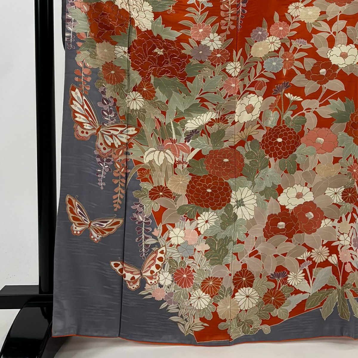 振袖禮服 身長168.5cm 袖長67.5cm L 單層 草花紋紋 蝶 金絲 金銀彩 橙色 純蠶絲 優品級