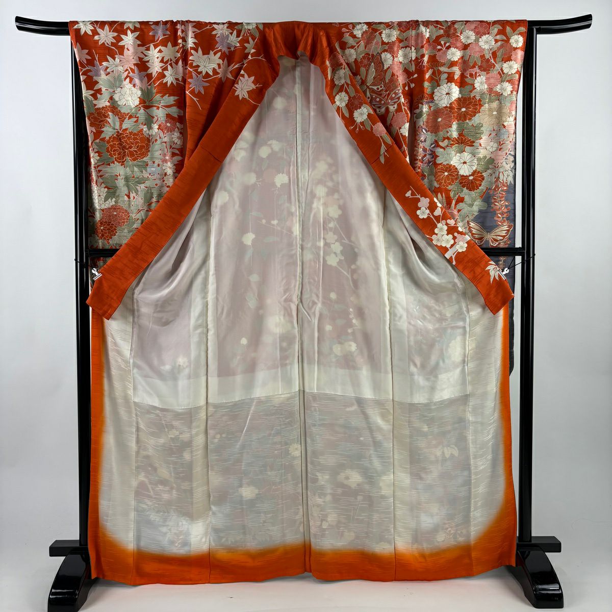 振袖禮服 身長168.5cm 袖長67.5cm L 單層 草花紋紋 蝶 金絲 金銀彩 橙色 純蠶絲 優品級