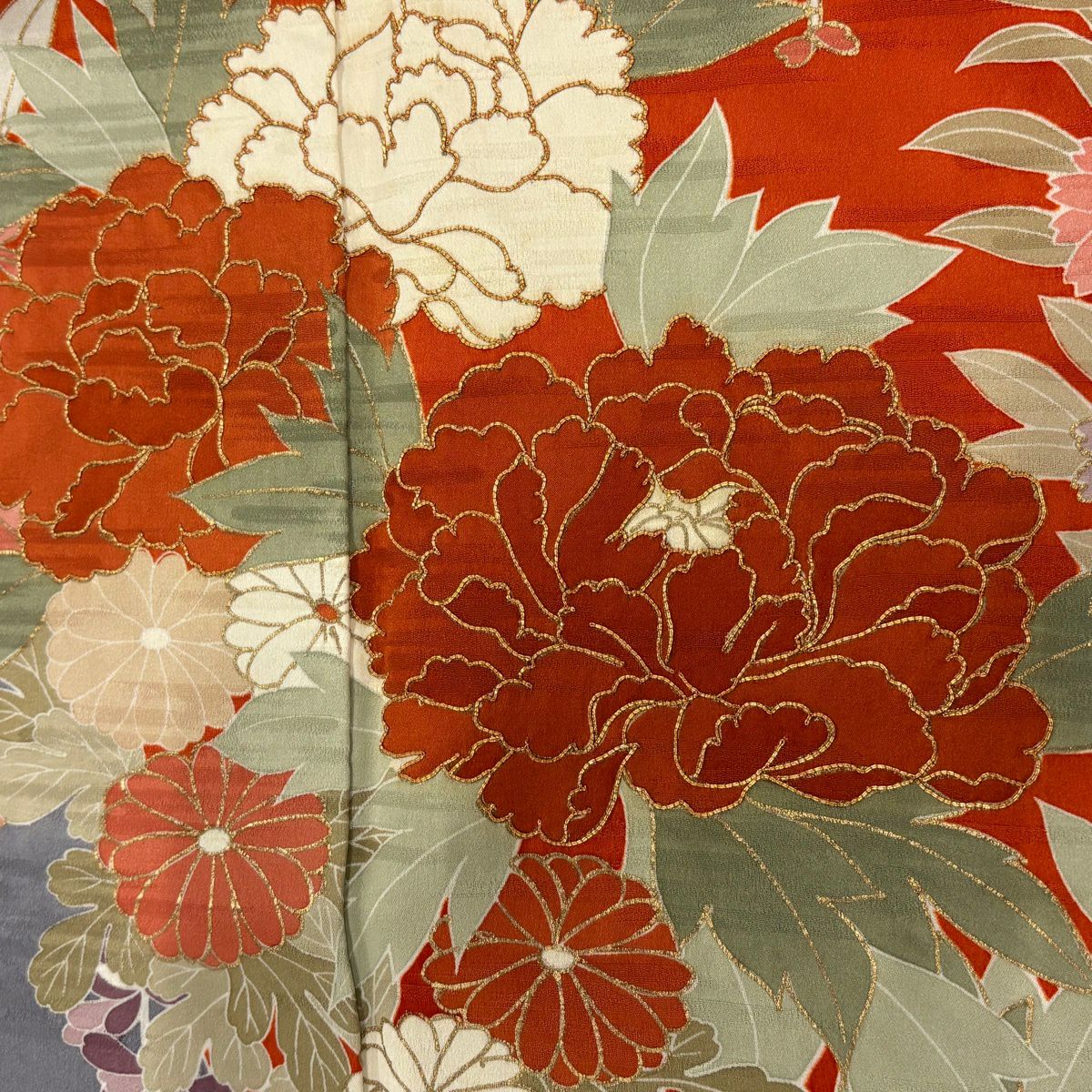 振袖禮服 身長168.5cm 袖長67.5cm L 單層 草花紋紋 蝶 金絲 金銀彩 橙色 純蠶絲 優品級