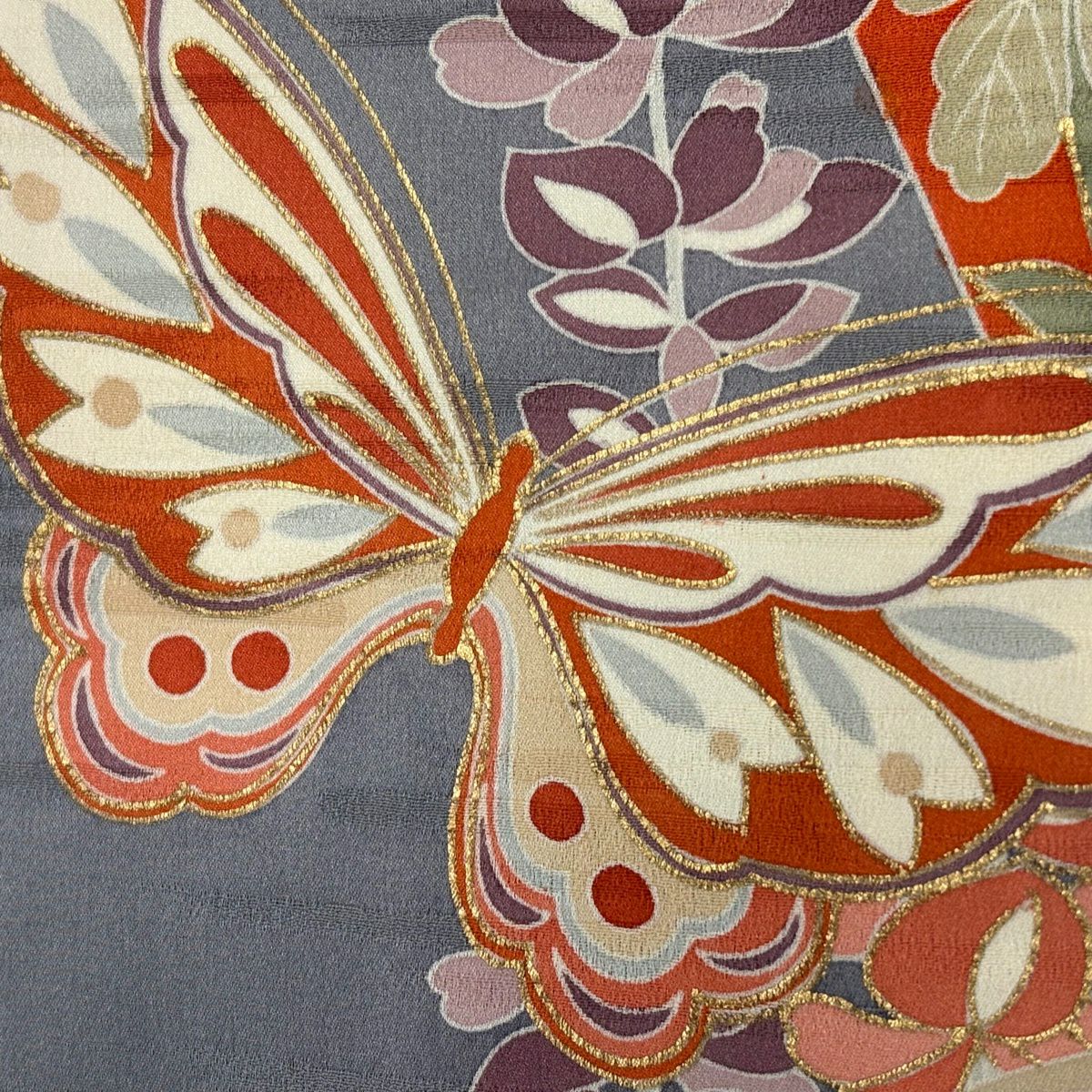 振袖禮服 身長168.5cm 袖長67.5cm L 單層 草花紋紋 蝶 金絲 金銀彩 橙色 純蠶絲 優品級