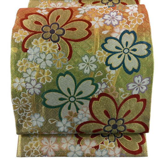 袋帶 秀品級 櫻花 斜格子 刺繡 金銀彩 淺綠 六通 純蠶絲