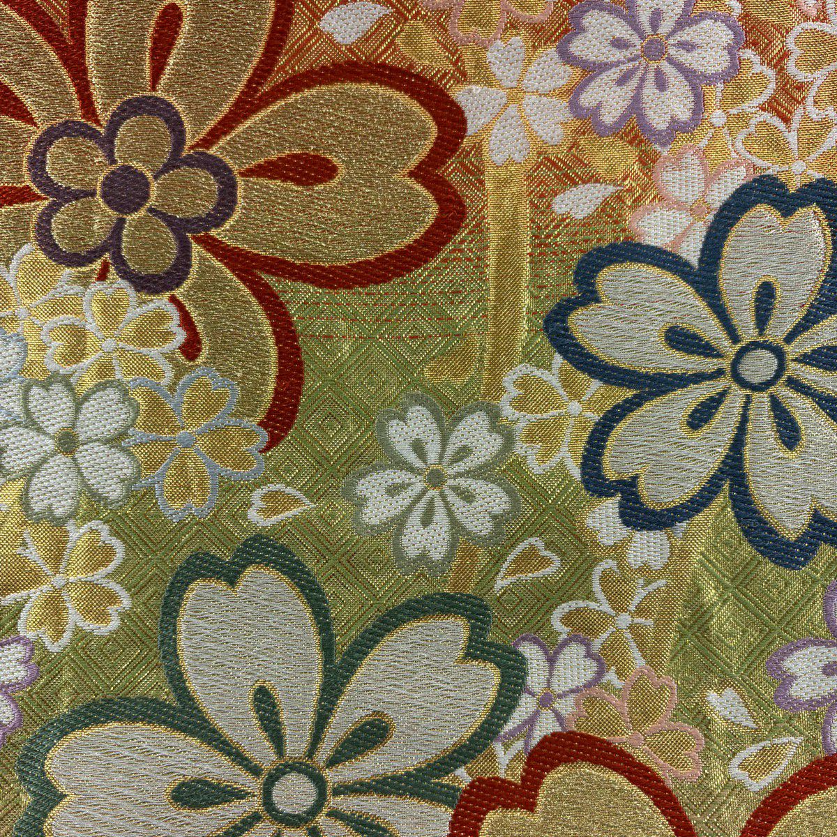 袋帶 秀品級 櫻花 斜格子 刺繡 金銀彩 淺綠 六通 純蠶絲