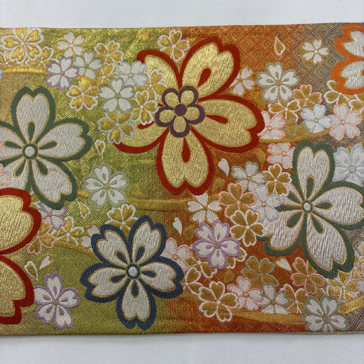 袋帶 秀品級 櫻花 斜格子 刺繡 金銀彩 淺綠 六通 純蠶絲