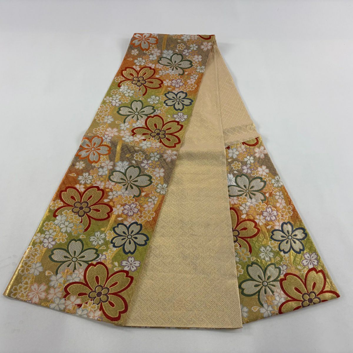 袋帶 秀品級 櫻花 斜格子 刺繡 金銀彩 淺綠 六通 純蠶絲