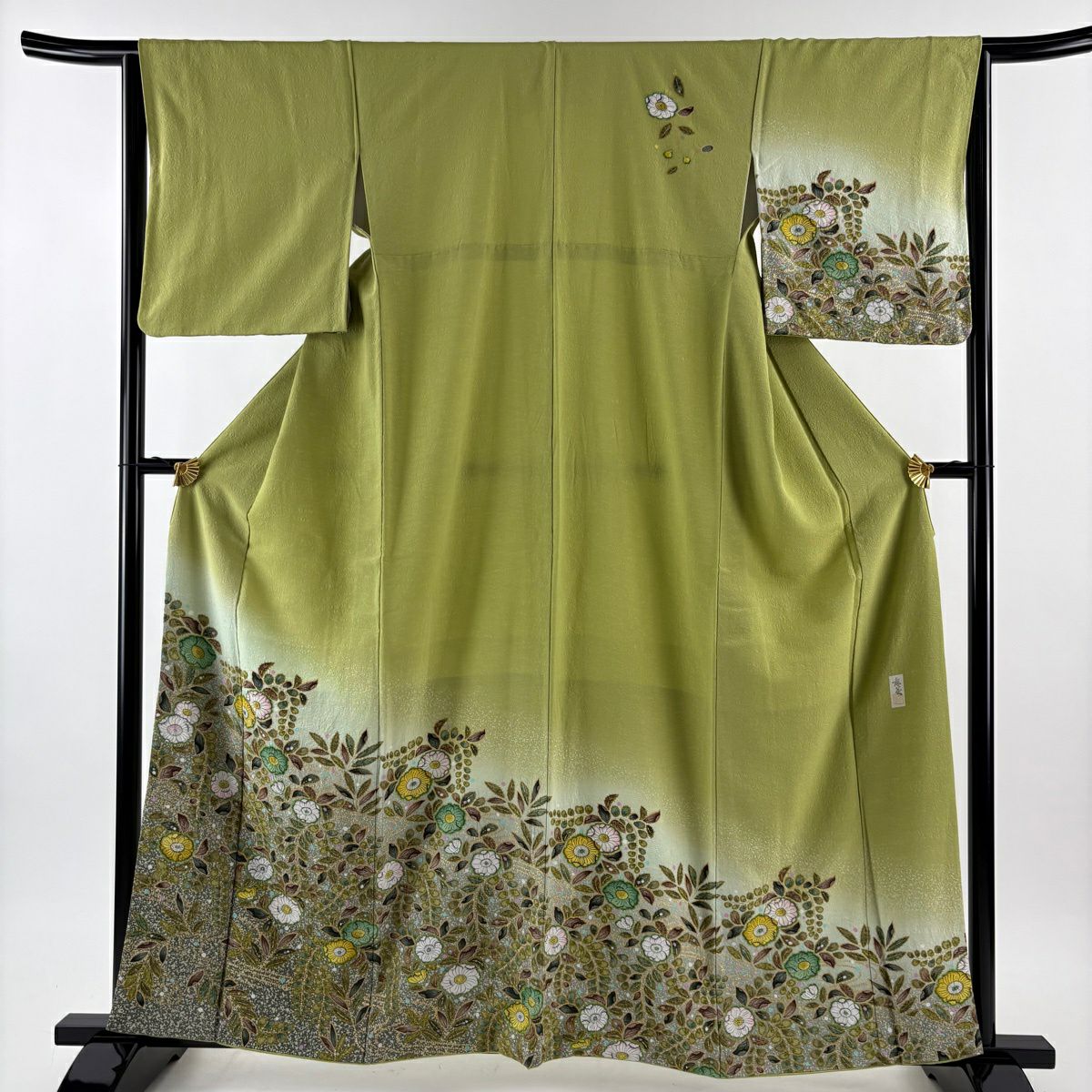 【美品】訪問服 身長160.5cm 袖長65cm M 雙層 落款あり 辻花染 金彩裝飾 抹茶 純蠶絲 名品級