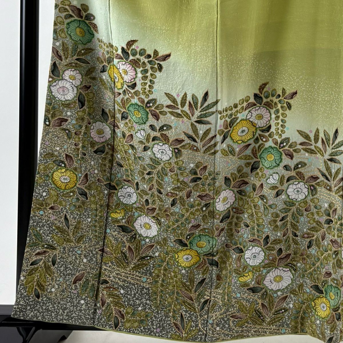 【美品】訪問服 身長160.5cm 袖長65cm M 雙層 落款あり 辻花染 金彩裝飾 抹茶 純蠶絲 名品級