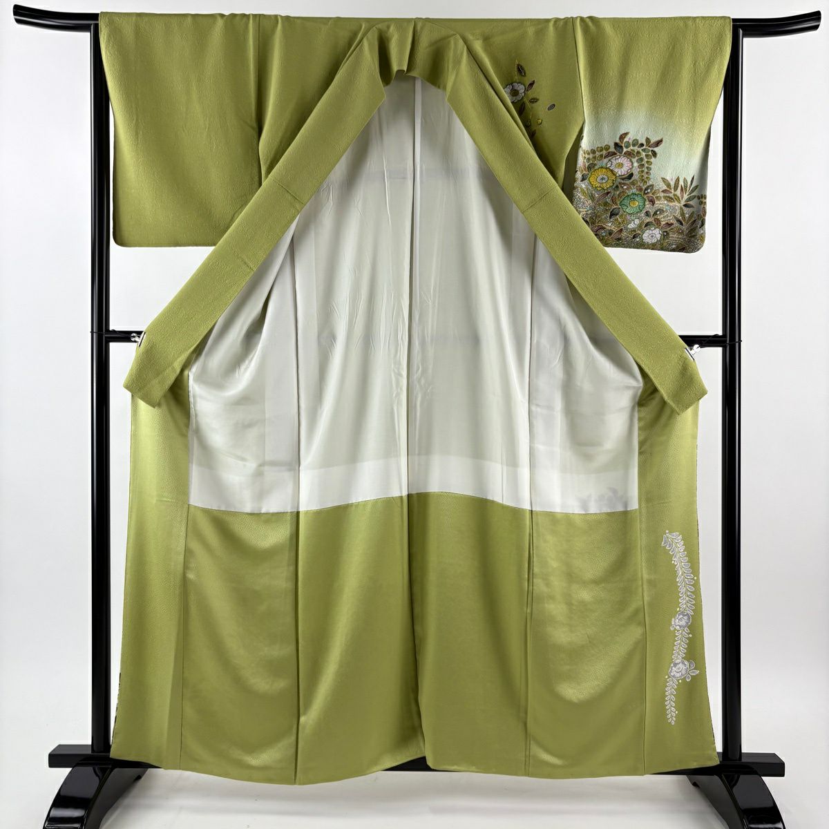 【美品】訪問服 身長160.5cm 袖長65cm M 雙層 落款あり 辻花染 金彩裝飾 抹茶 純蠶絲 名品級