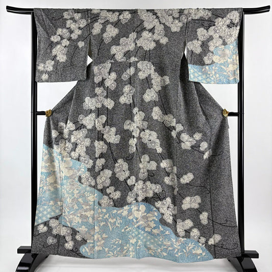 訪問服 身長161cm 袖長65cm M 雙層 菊花 草花紋紋 染分 絞染 黑灰 純蠶絲 名品級