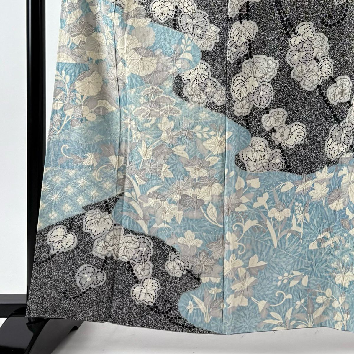 訪問服 身長161cm 袖長65cm M 雙層 菊花 草花紋紋 染分 絞染 黑灰 純蠶絲 名品級