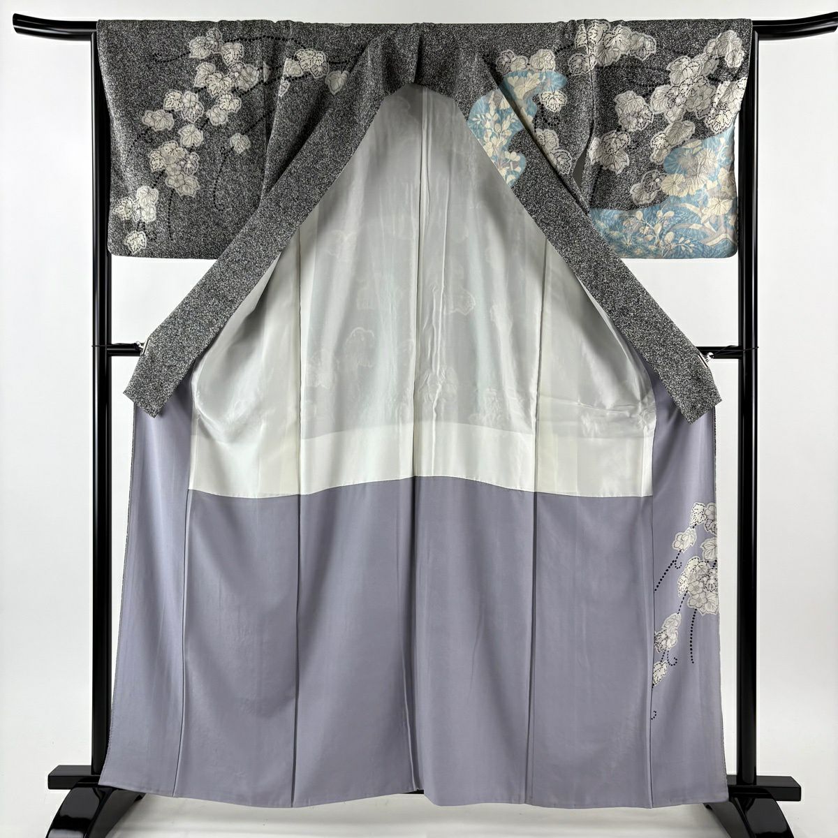 訪問服 身長161cm 袖長65cm M 雙層 菊花 草花紋紋 染分 絞染 黑灰 純蠶絲 名品級