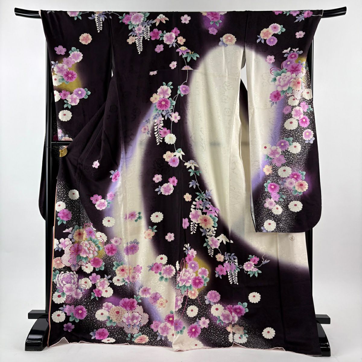 振袖禮服 身長173cm 袖長70.5cm L 雙層 桂由美 落款 牡丹 櫻花 金絲 金金箔 茶紫 純蠶絲 名品級