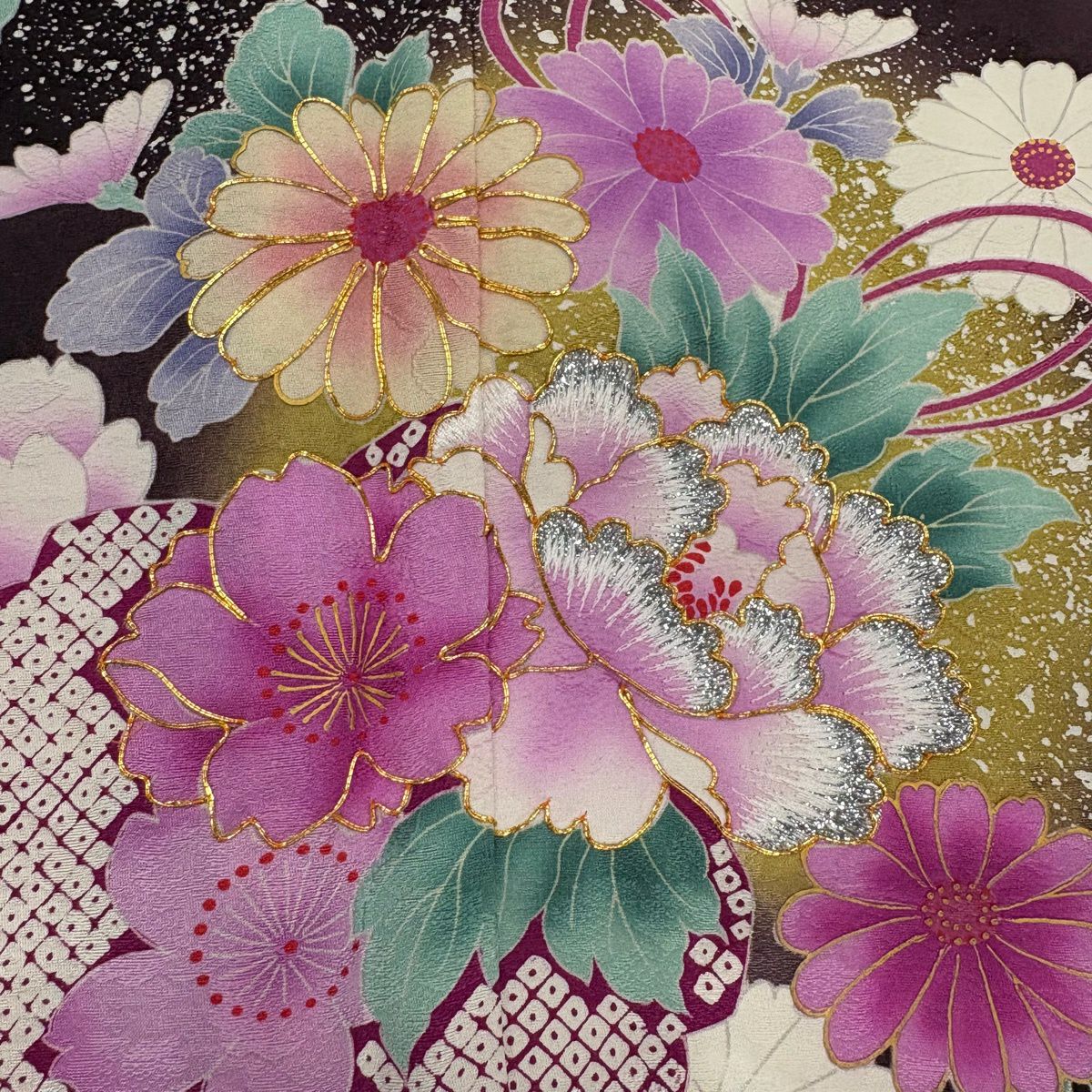 振袖禮服 身長173cm 袖長70.5cm L 雙層 桂由美 落款 牡丹 櫻花 金絲 金金箔 茶紫 純蠶絲 名品級