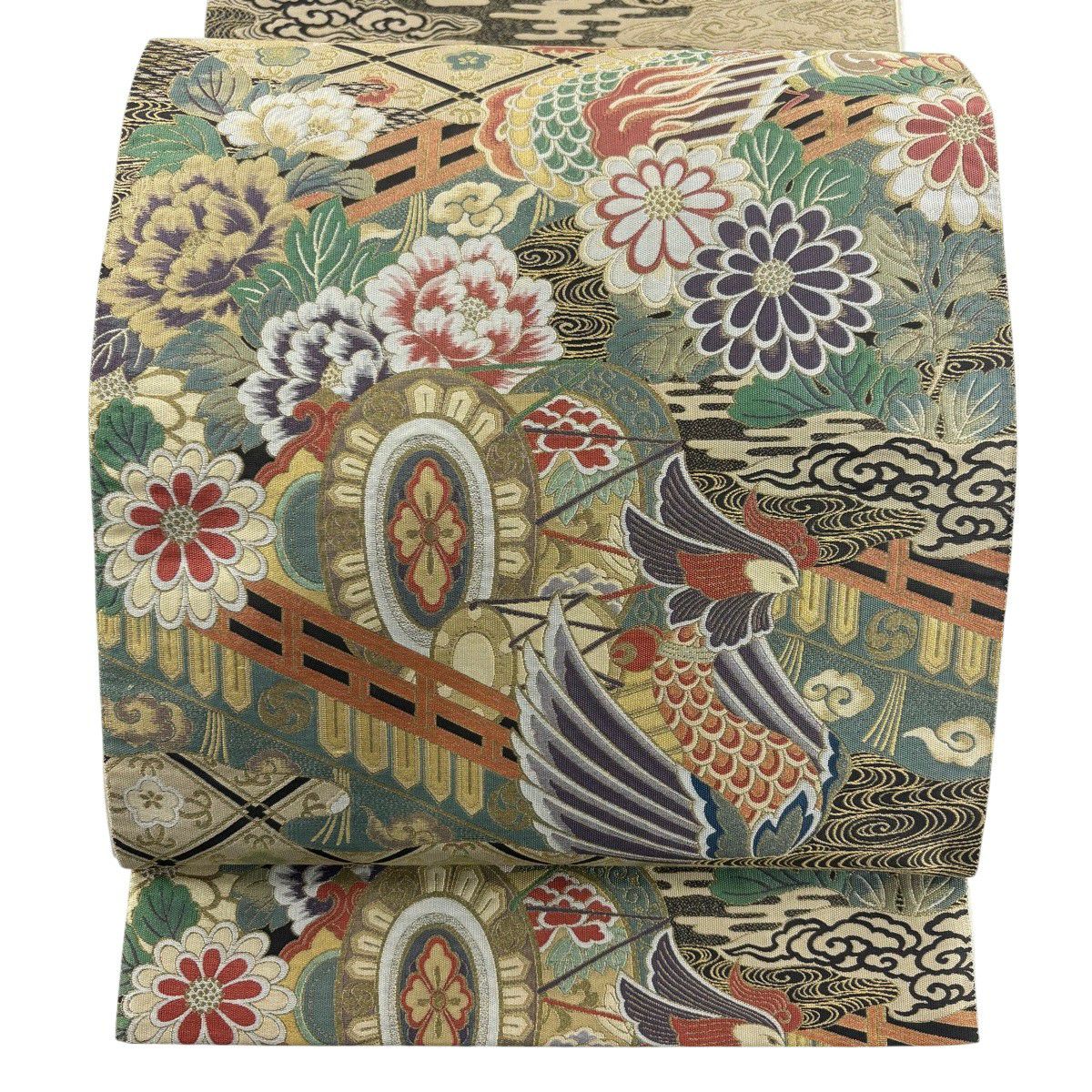 【美品】 袋帶 秀品級 龍 鳳凰 金金箔 米色 六通 純蠶絲
