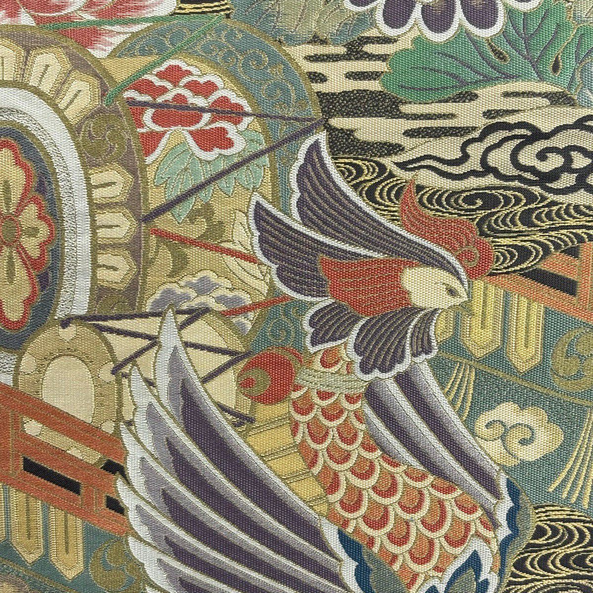 【美品】 袋帶 秀品級 龍 鳳凰 金金箔 米色 六通 純蠶絲