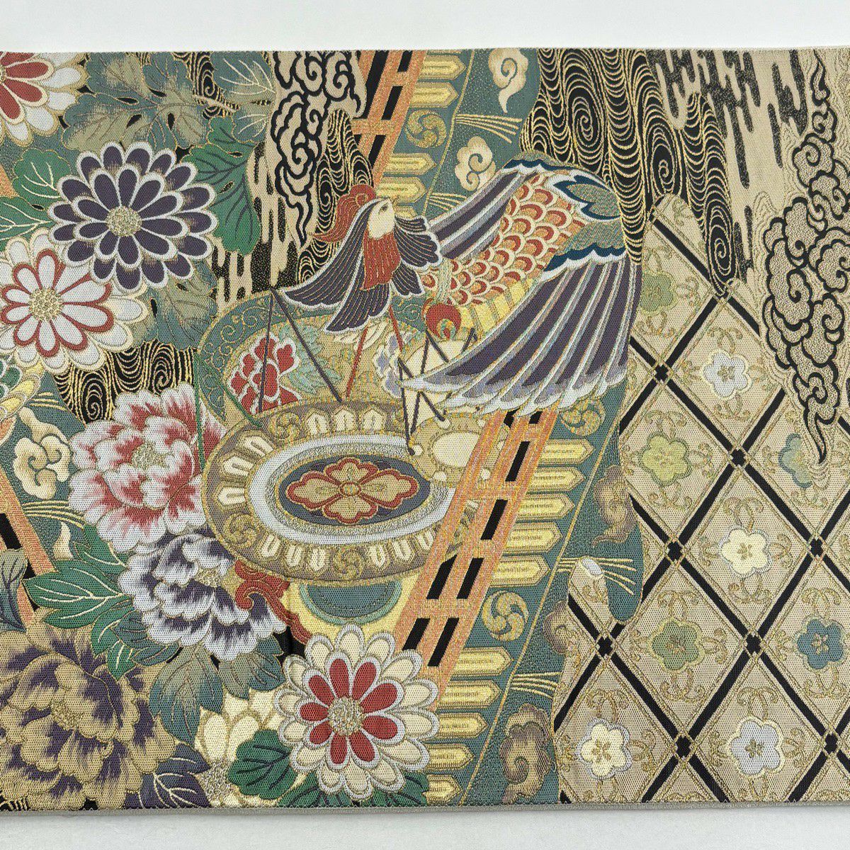 【美品】 袋帶 秀品級 龍 鳳凰 金金箔 米色 六通 純蠶絲