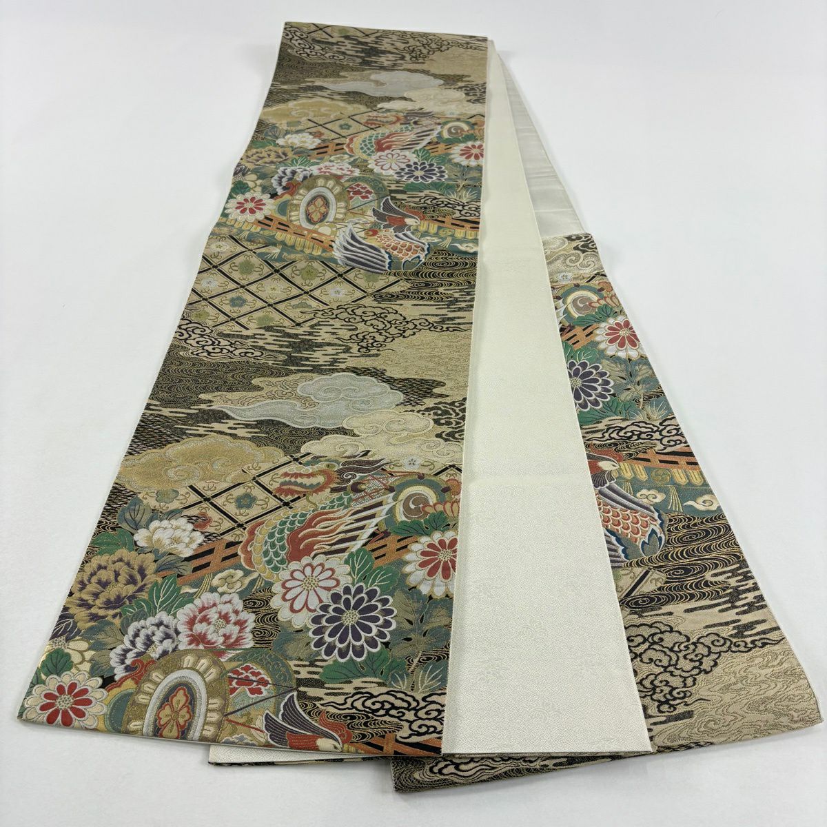 【美品】 袋帶 秀品級 龍 鳳凰 金金箔 米色 六通 純蠶絲