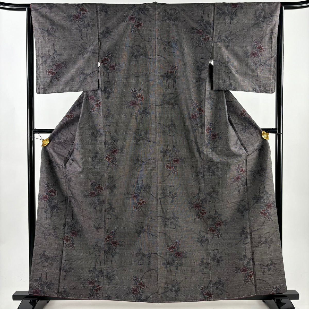 【美品】 紬織 身長160.5cm 袖長64cm M 雙層 草花紋 灰紫 純蠶絲 秀品級