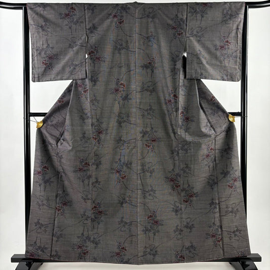 【美品】 紬織 身長160.5cm 袖長64cm M 雙層 草花紋 灰紫 純蠶絲 秀品級