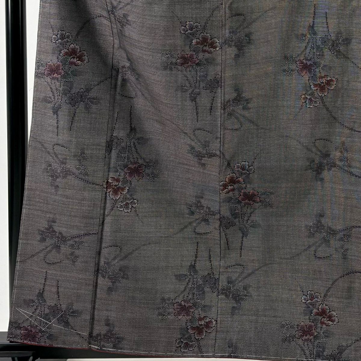 【美品】 紬織 身長160.5cm 袖長64cm M 雙層 草花紋 灰紫 純蠶絲 秀品級
