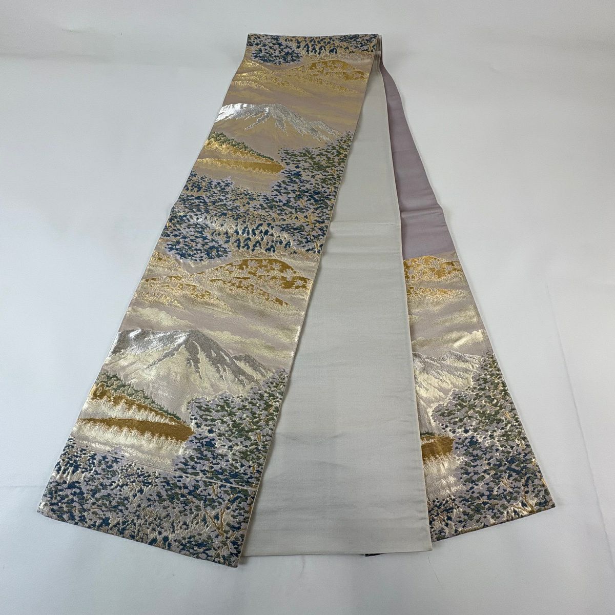 袋帶 秀品級 山並 樹木 金銀絲 金金箔 米色 六通 純蠶絲