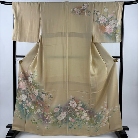 訪問服 身長167cm 袖長67cm M 雙層 牡丹 草花紋紋 金彩裝飾 漸層 米色 純蠶絲 優品級