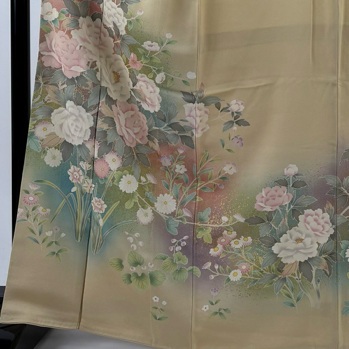 訪問服 身長167cm 袖長67cm M 雙層 牡丹 草花紋紋 金彩裝飾 漸層 米色 純蠶絲 優品級
