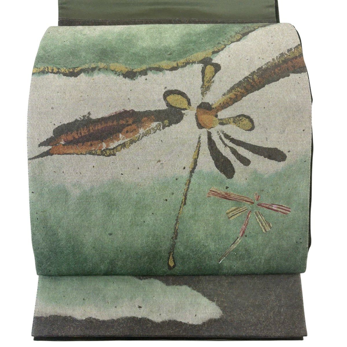 【美品】 袋帶 秀品級 螳螂 花 金金箔 彩 綠 お太鼓圖案 純蠶絲