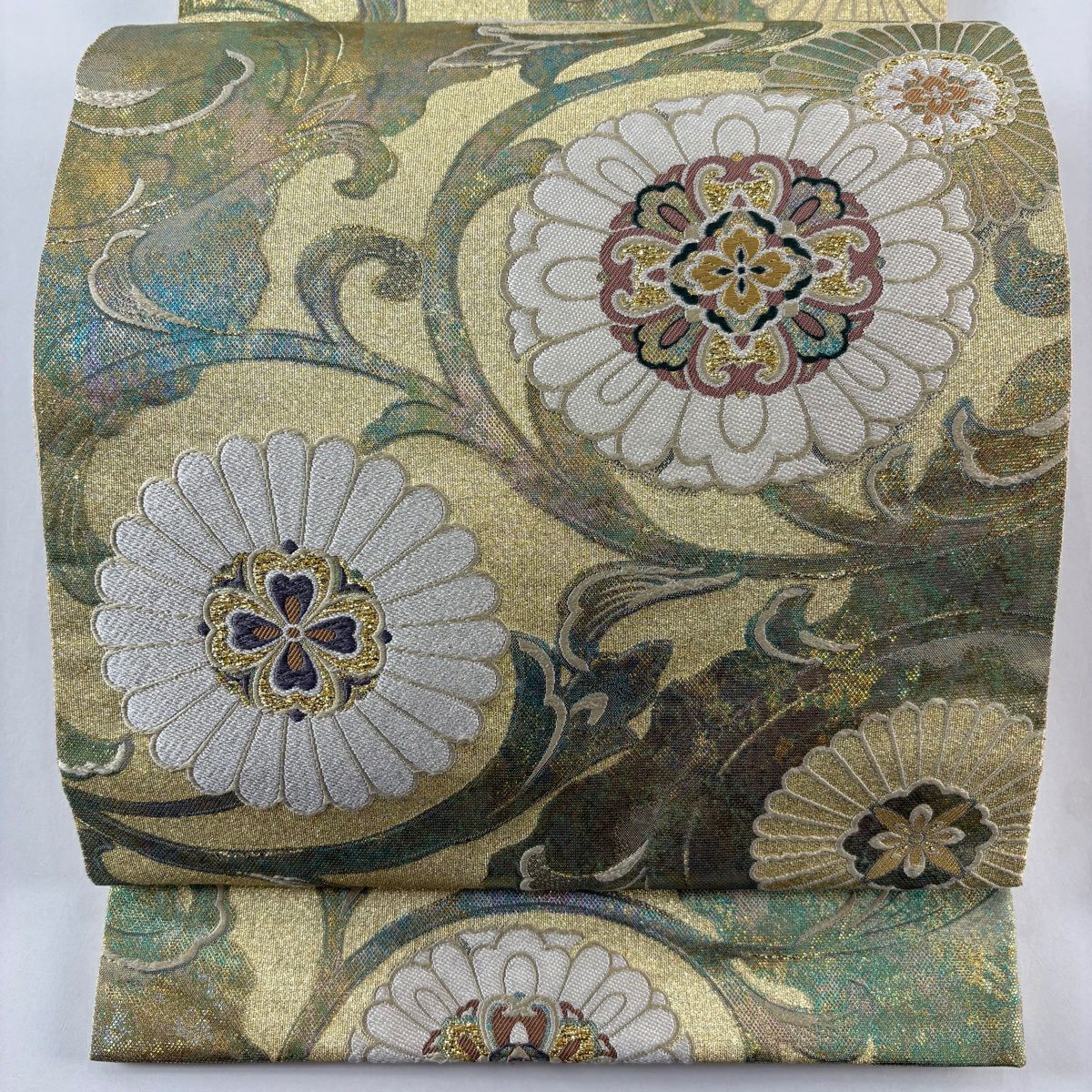 【美品】 袋帶 秀品級 花唐草紋 華紋 唐織 金金箔 金色 六通 純蠶絲