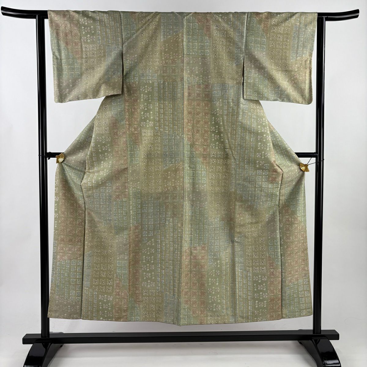 小紋 身長152cm 袖長62cm S 雙層 紬織織 花 灰綠 純蠶絲 秀品級