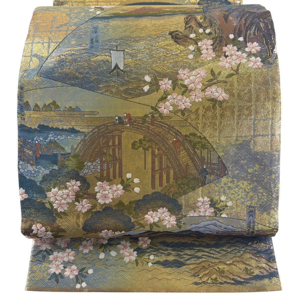 【美品】 袋帶 秀品級 風景 扇子面 金金箔 金色 全通 純蠶絲