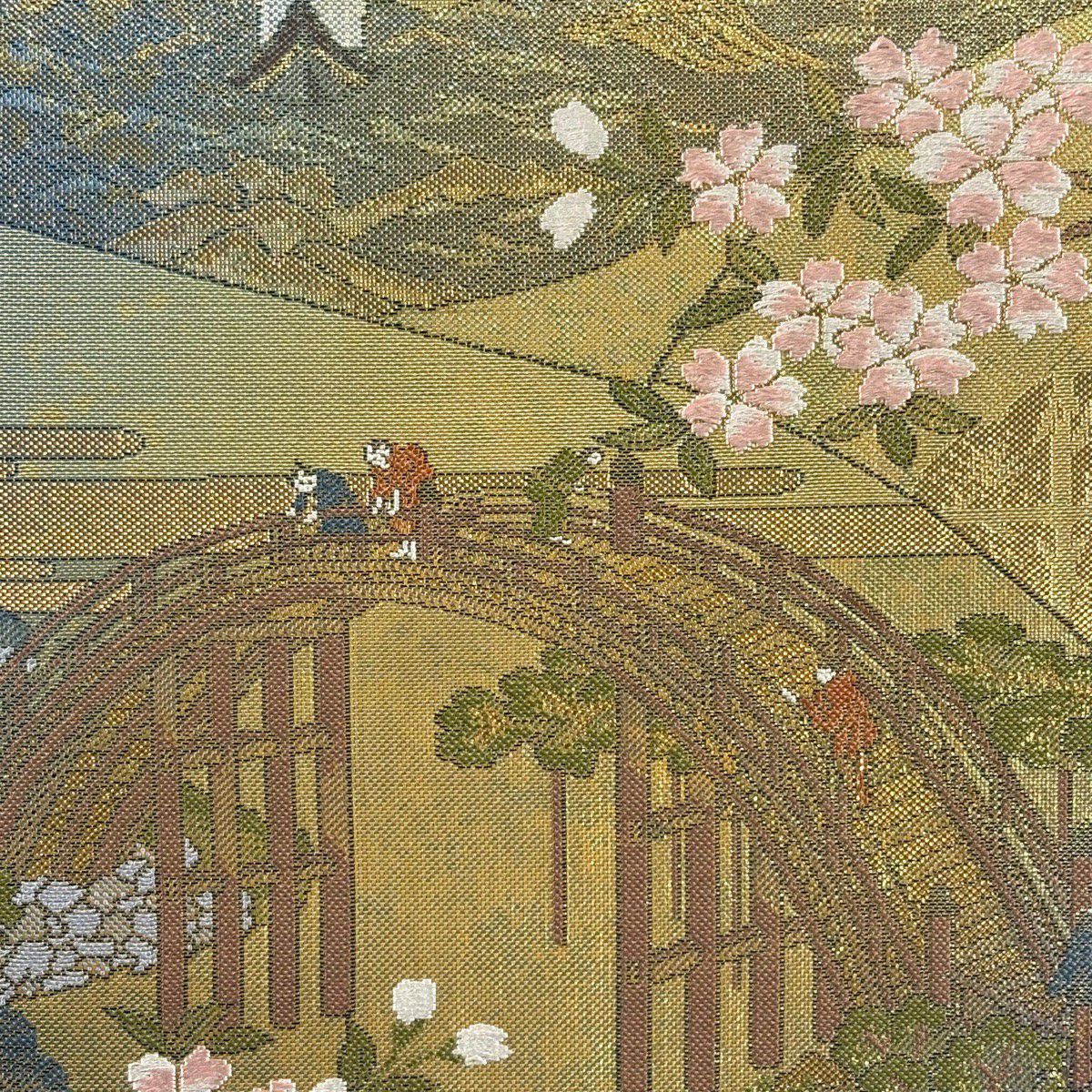 【美品】 袋帶 秀品級 風景 扇子面 金金箔 金色 全通 純蠶絲