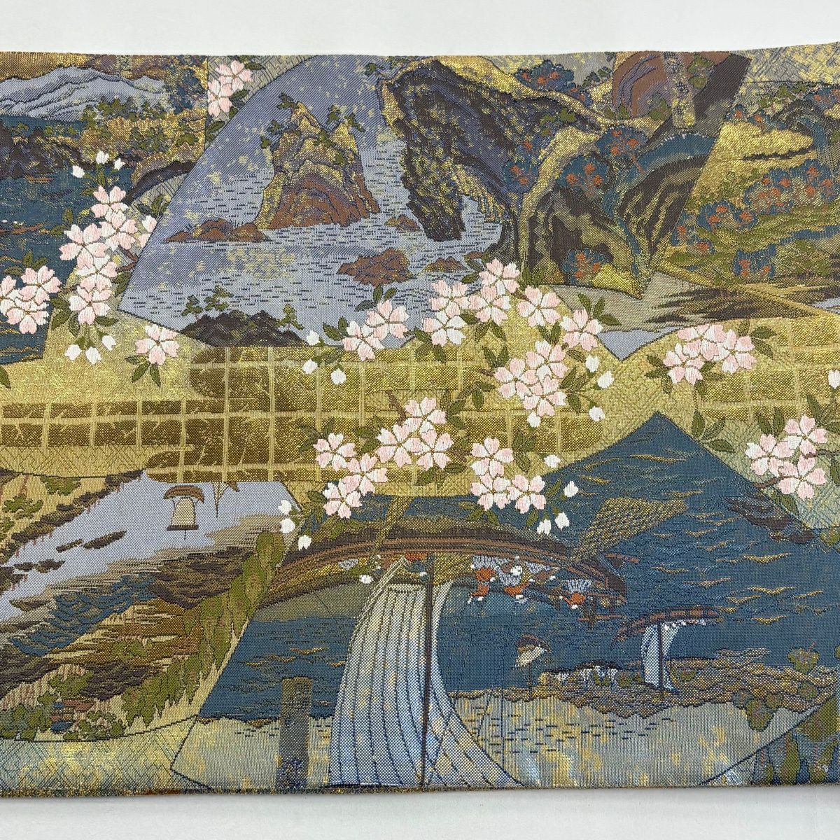 【美品】 袋帶 秀品級 風景 扇子面 金金箔 金色 全通 純蠶絲
