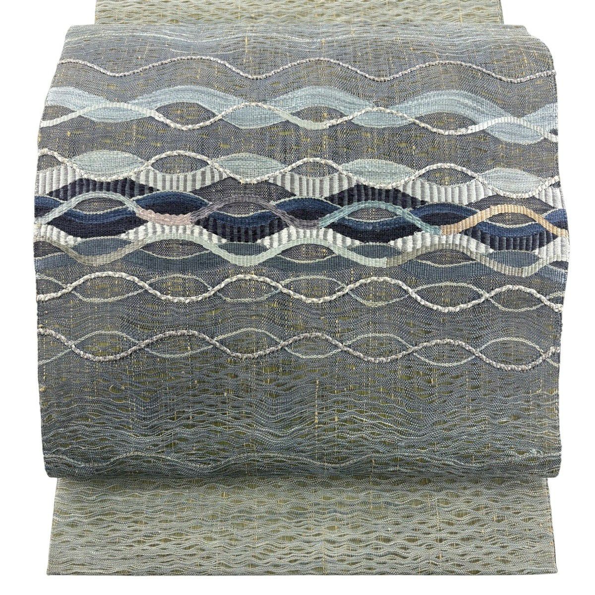 【美品】 袋帶 秀品級 斜條幾何圖案 刺繡 金線 灰綠色 大鼓圖案 純蠶絲