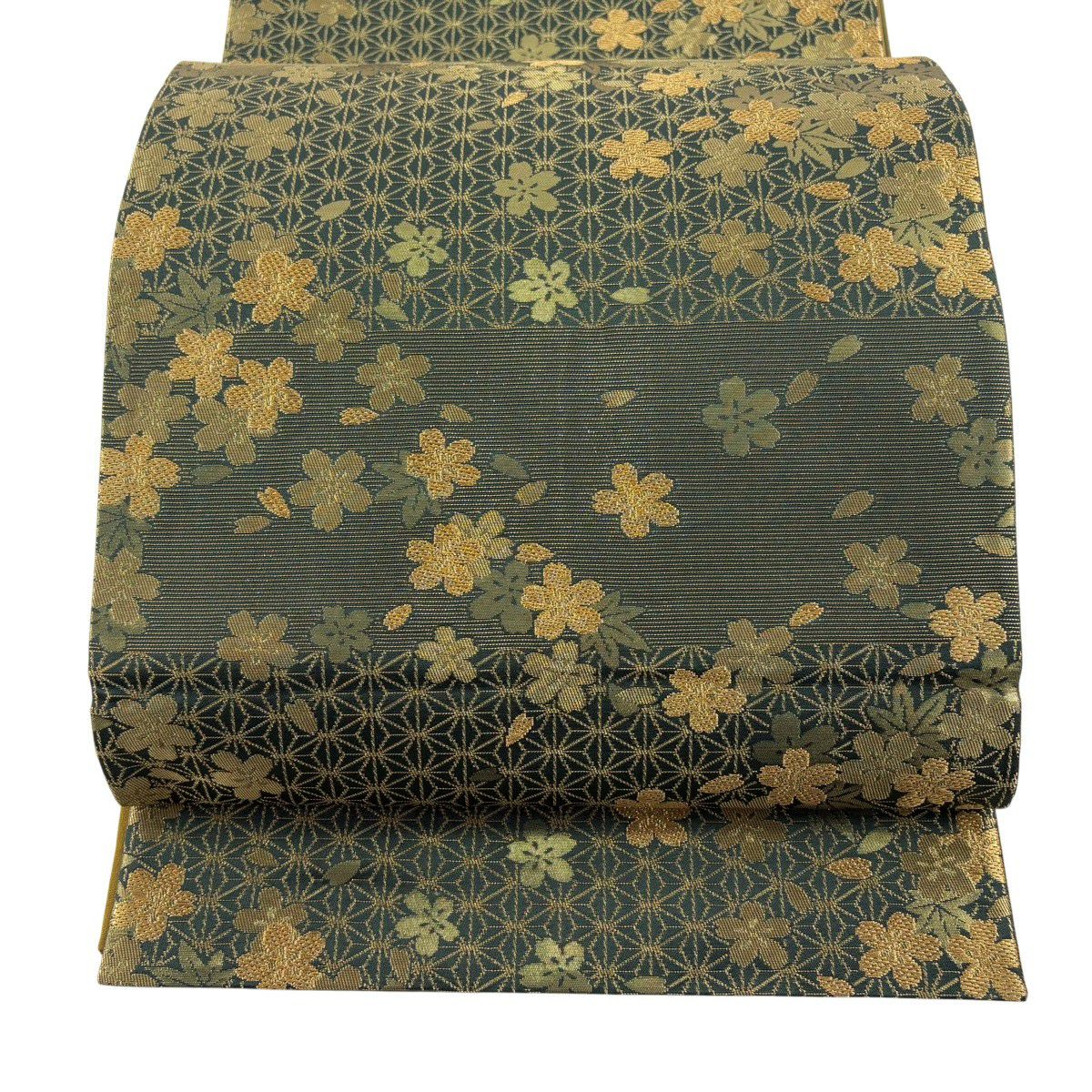 【美品】 袋帶 秀品級 二代目清次郎 落款あり 樱花 麻之叶 金金箔 金线 绿色 六通 純蠶絲