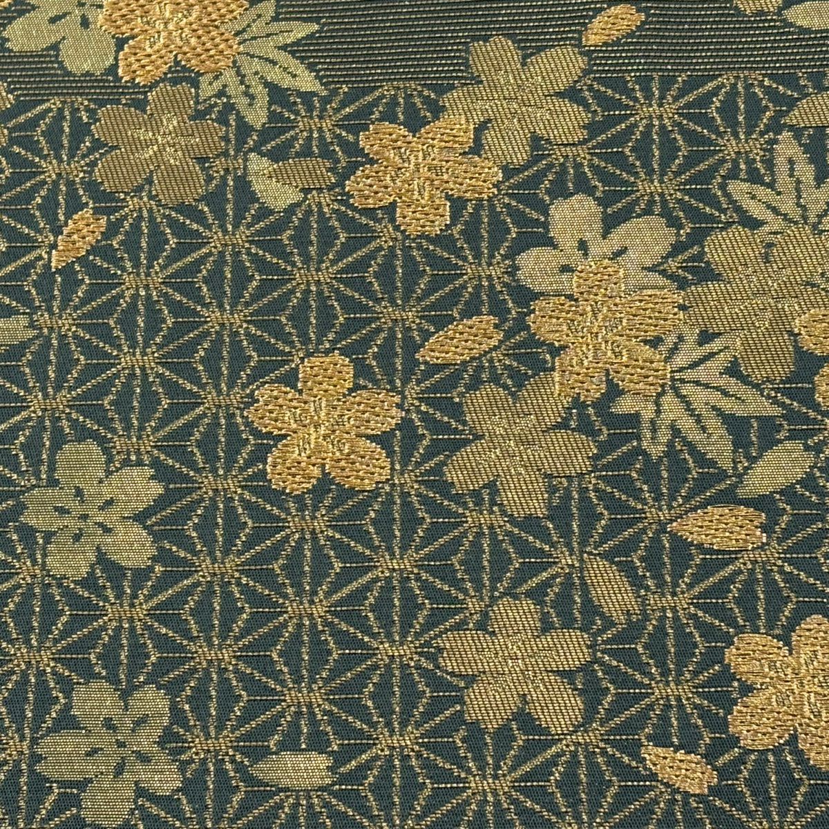 【美品】 袋帶 秀品級 二代目清次郎 落款あり 樱花 麻之叶 金金箔 金线 绿色 六通 純蠶絲