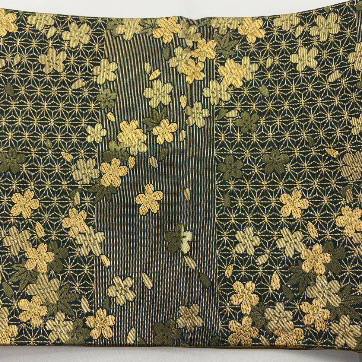 【美品】 袋帶 秀品級 二代目清次郎 落款あり 樱花 麻之叶 金金箔 金线 绿色 六通 純蠶絲
