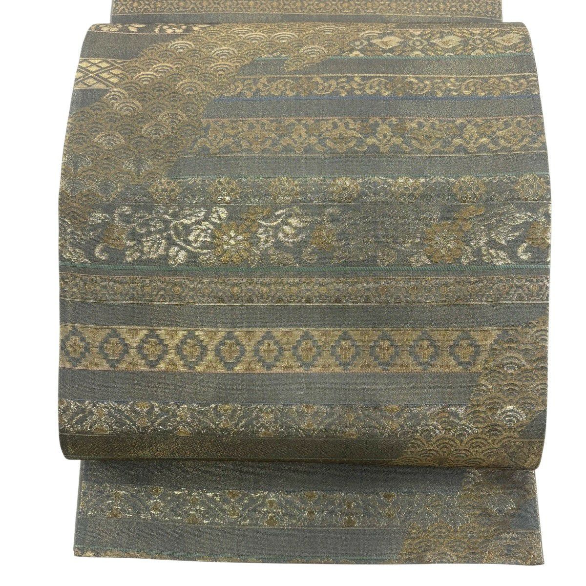 【美品】 袋帶 秀品級 花唐草紋 青海波 金金箔 灰 深藍 六通 純蠶絲