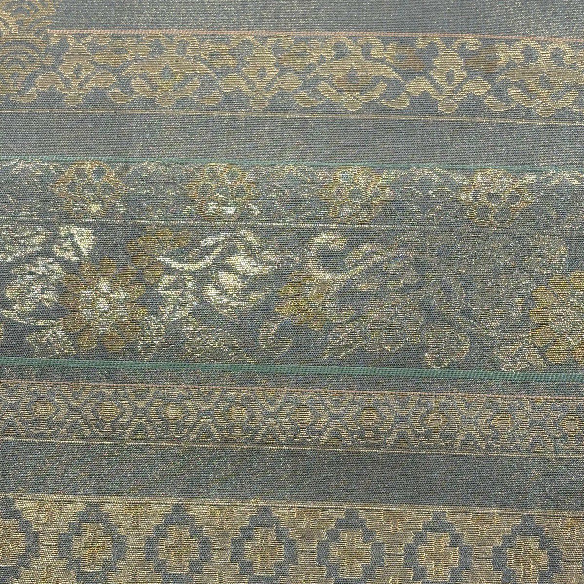【美品】 袋帶 秀品級 花唐草紋 青海波 金金箔 灰 深藍 六通 純蠶絲