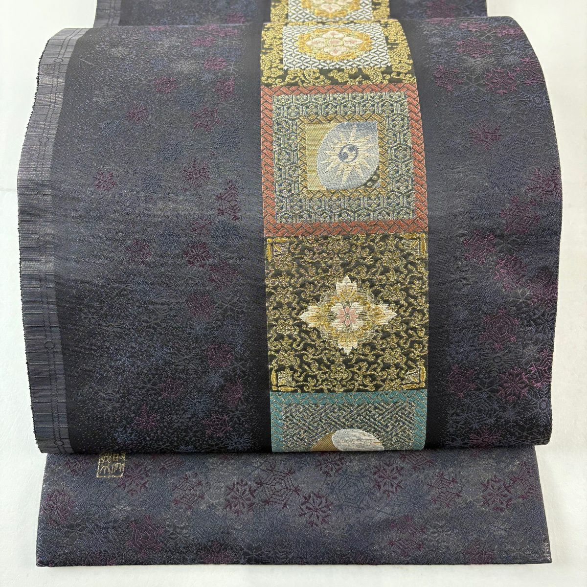 【美品】 袋帶 名品級 じゅらく 落款あり 華紋 幾何學 金絲 金金箔 青紫 六通 純蠶絲